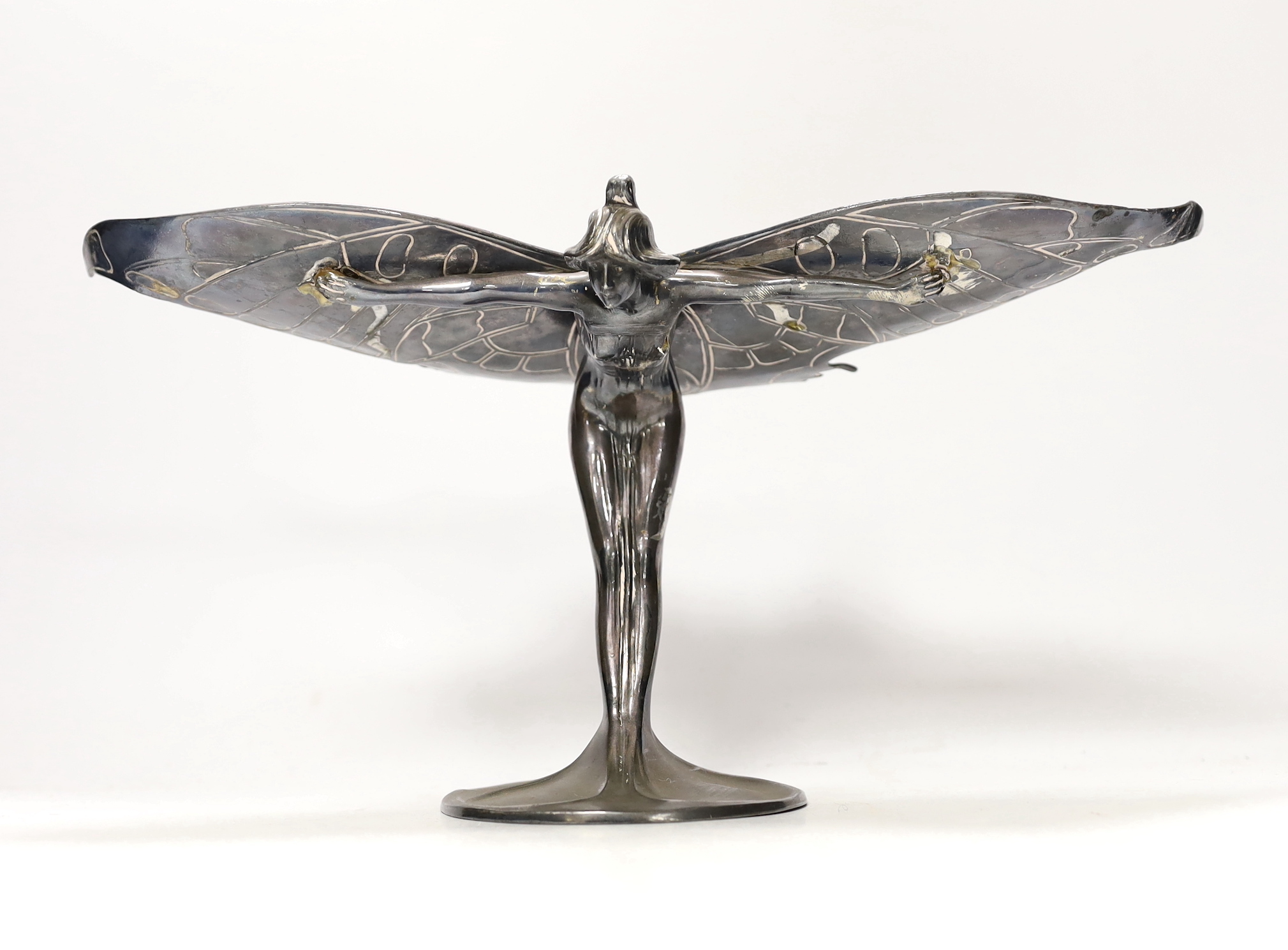 A WMF style pewter figure of a fairy, wingspan 36cm